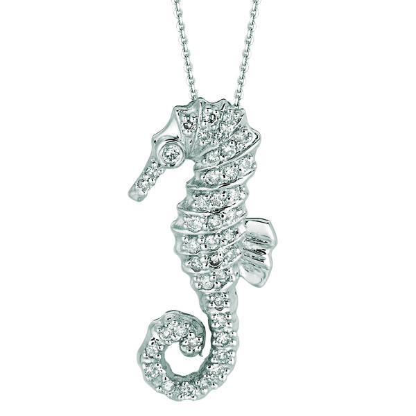 Pre-owned Morris 0.30 Carat Natural Diamond Seahorse Necklace Pendant 14k White Gold 18'' Chain