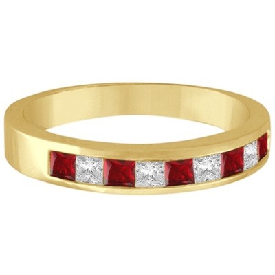 Pre-owned Ruby 0.79ct Princess-cut Channel-set Natural  & Diamond Ring Band 14k Yellow Gold In Red