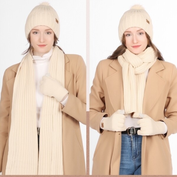 Winter Beanie Fleece Lined Pom Pom Hat Long Scarf Touchscreen Gloves for Women