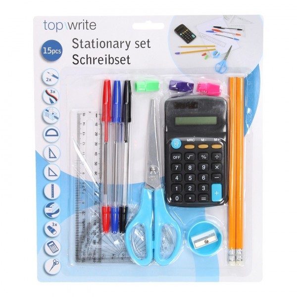 Set Kit Scuola 15 Pezzi Calcolatrice Penne Matite Forbici Goniometro Squadre dfh