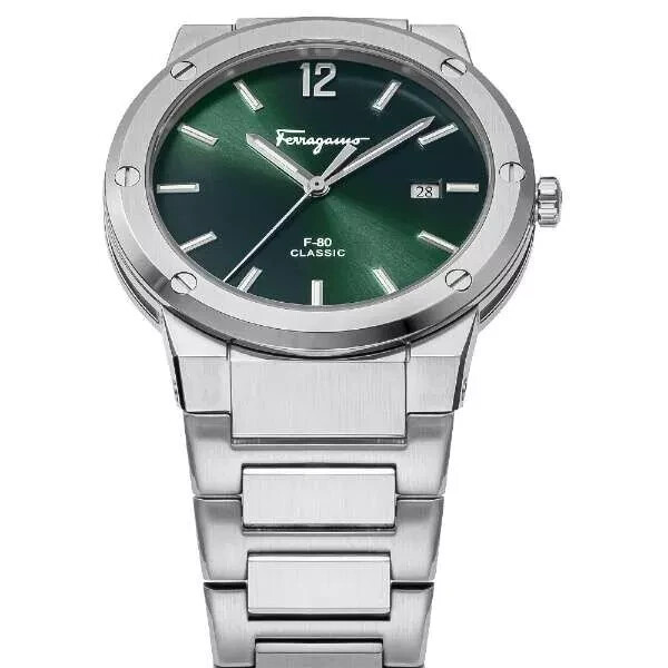 Pre-owned Ferragamo F-80 Men's Watch Sfdt00249 Green Dial Quartz Stainless Steel 42mm