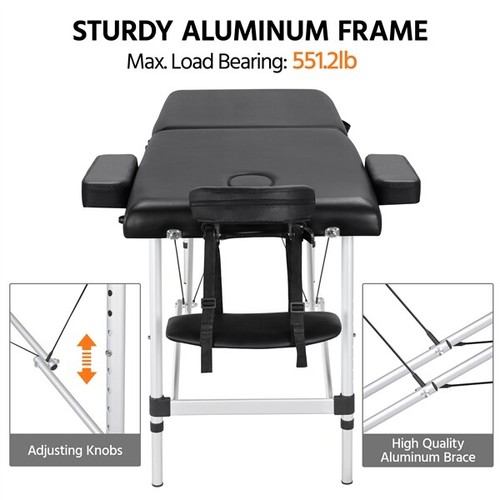 Aluminum Massage Table 2 Folding Salon Lash Bed Portable Spa Table Couch Black