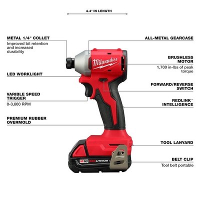 Milwaukee Tool 3692-22Ct M18 Compact Brushless 2-Tool Combo Kit