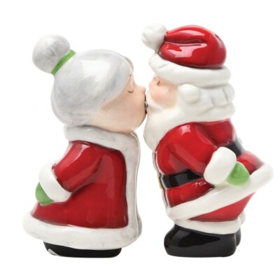 Ceramic Multicolor Santa And Mrs Claus Kissing Salt & Pepper Shaker Set