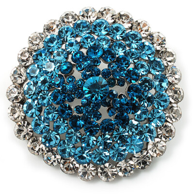 Sky Blue Crystal Corsage Brooch (Silver Tone)