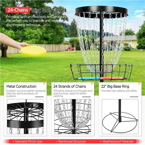 Disc Golf Basket Target Metal Practice Basket w/ 24-Chain 3 Discs Carrying Bag