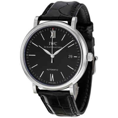 Мужские часы IWC Portofino с автоматическим черным циферблатом из черной кожи 3565-02