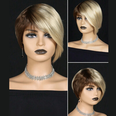 Blonde Brown Mixed Pixie Cut Wig Short Pixie No Lace Glueless Soft Synthetic Wig