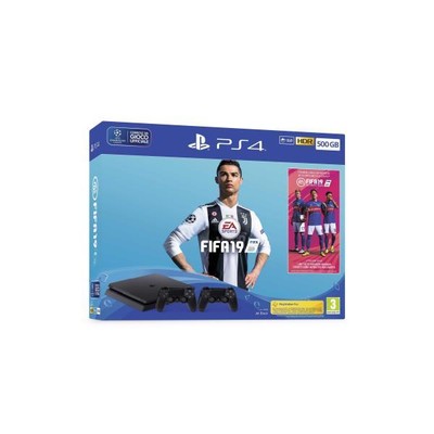 CONSOLE SONY PS4 500GB NERA BLACK + FIFA 19 ITALIANO + 2 DUALSHOCK V2 + VOUCHER