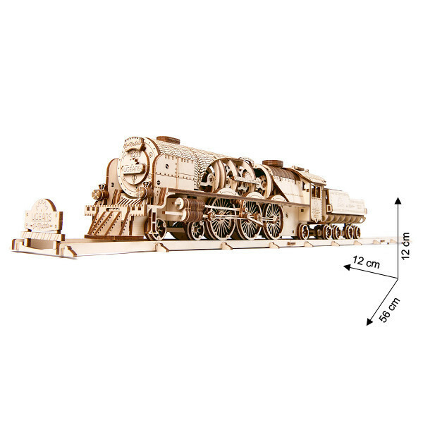 Ugears - Holz Modellbau V-Express Lokomotive Lok Bahnhof und Schienen 3er Set