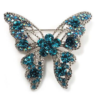 Teal Coloured Crystal Dazzling Butterfly Brooch in Silver Tone - 62mm Across