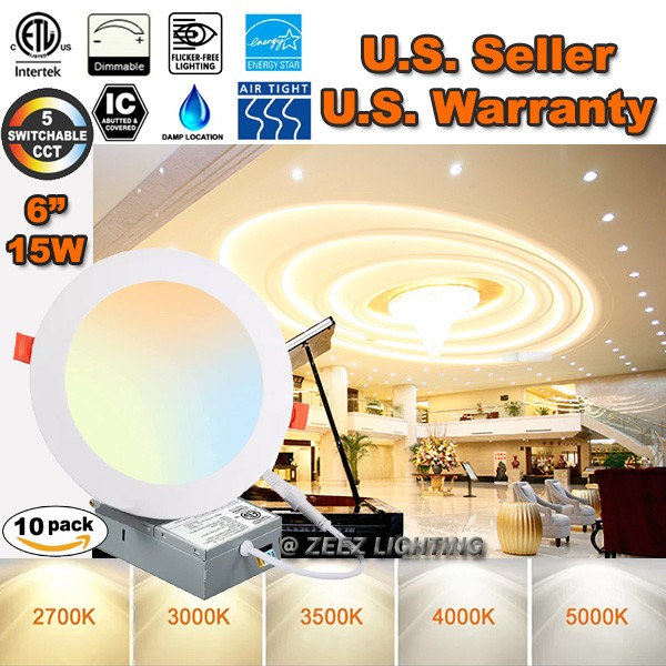 10PK LED Recessed Lighting 6-Inch 15W 1275LM 5CCT Canless Ceiling Light+Junction