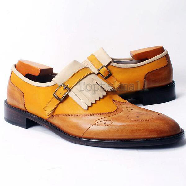 Pre-owned Handmade Men's Leather Two Tone Rounded Toe Single Monk Straps Formal Shoes-706