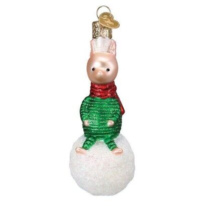 Old World Christmas PIGLET ON SNOWBALL (12705) Glass Ornament w/OWC Box