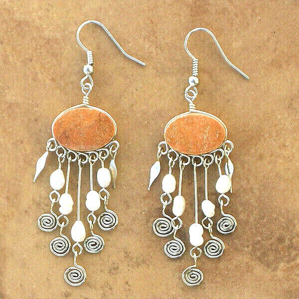 Hand-Crafted Orange Jasper w/ Pearls Earrings-Made In Peru Jewelry