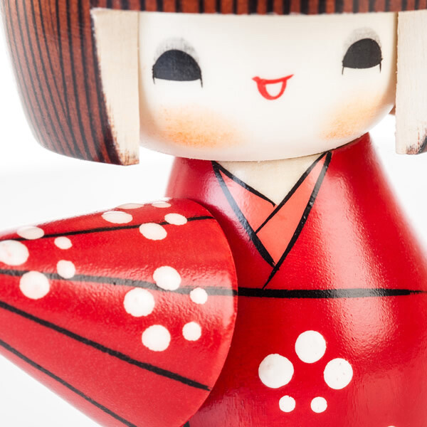 Japanese Kokeshi Wooden Doll 5.5"H Girl Red Kimono Umbrella Ameyadori JAPAN MADE