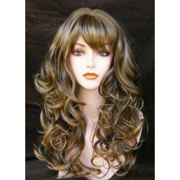 Attractive Long Synthetic Shaggy Wavy Curly Brown Mixed Women S