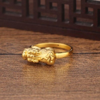 Pre-owned Yuxi 999 Pure 24k Yellow Gold Ring 3d Hard Gold Lucky Pixiu Baby Pattern Us Size Us 7