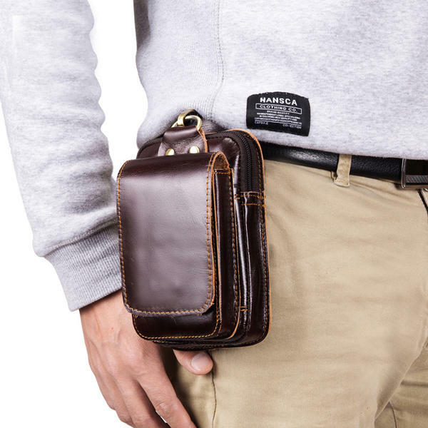 Mens Belt Pouch Wallet Genuine Leather Cell Phone Holster Fanny Waist Bag Pack 