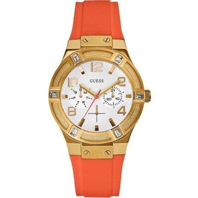 GUESS gold tone Watch Women's Jet Setter Multifunction Orange Silicone W0564L2