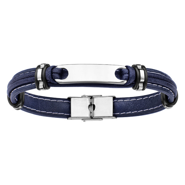  Bracelet En Acier Et Cuir Bleu Marine - RéF. 128844b