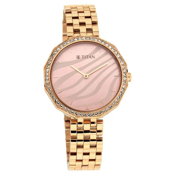 Pre-owned Titan Animalia Rose Gold Dial Quartz Analog Stainless Steel Strap Watch For Wome