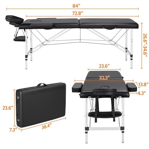 Aluminum Massage Table 2 Folding Salon Lash Bed Portable Spa Table Couch Black