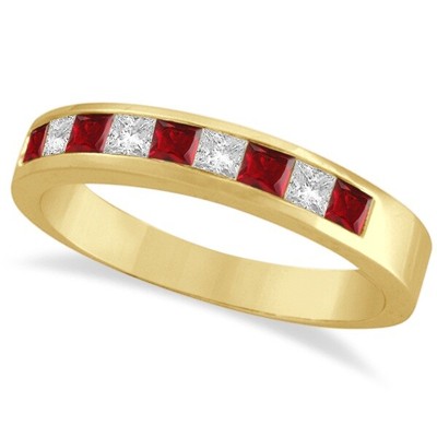 Pre-owned Ruby 0.79ct Princess-cut Channel-set Natural  & Diamond Ring Band 14k Yellow Gold In Red