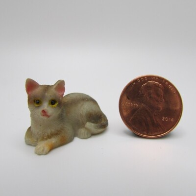 Dollhouse Miniature Small Grey Tabby Cat for a Pet Laying Down  IM65491