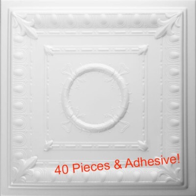 Ceiling Tiles, 20'' x 20'' , Glue Up, ANCONA White 40 PIECES & ADHESIVE (4Tube)