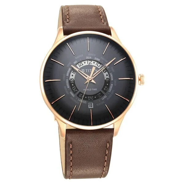 Pre-owned Titan Black Dial World Time With Date Stainless Steel Strap Watch For Men