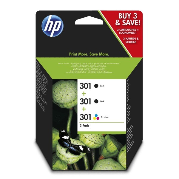 Genuine HP 301 Black x 2 & colour ink cartridges (E5Y87EE) 3 pack in