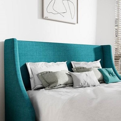 Queen Size Turquoise Linen Blend Upholstered Platform Bed with Wingback Headboa