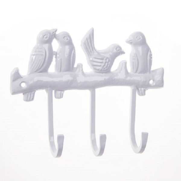 Decorative 3-Hook Key Rail Hanger, Matte White w/Perched Birds Design