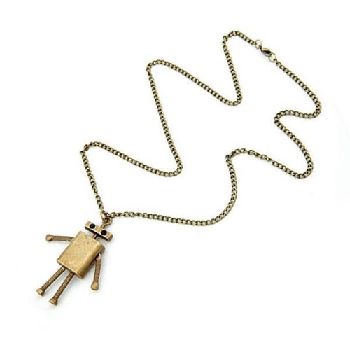 ROBOT CHARM NECKLACE 2.5" Pendant 28" Chain Antique Bronze Color Metal Cute NEW