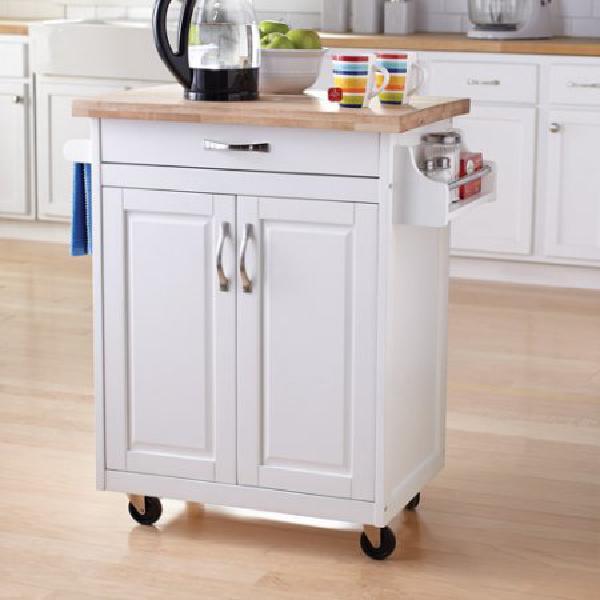 White Rolling Kitchen Cart Island Small Microwave Stand Cupboard Drawer Wood
