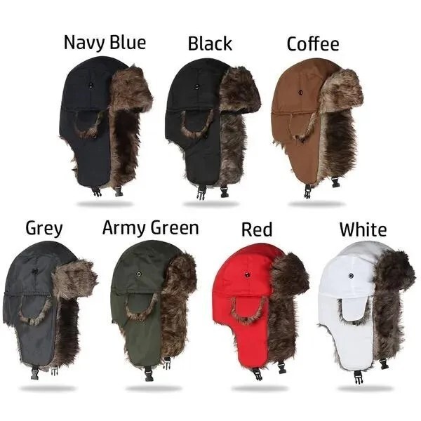 Winter Mens Ushanka Aviator Trapper Hat Russian Trooper Flap Faux Fur Cap, Warm