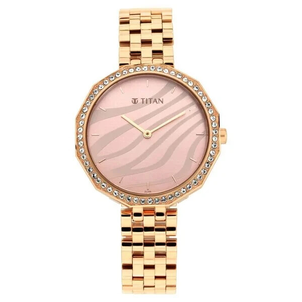 Pre-owned Titan Animalia Rose Gold Dial Quartz Analog Stainless Steel Strap Watch For Wome