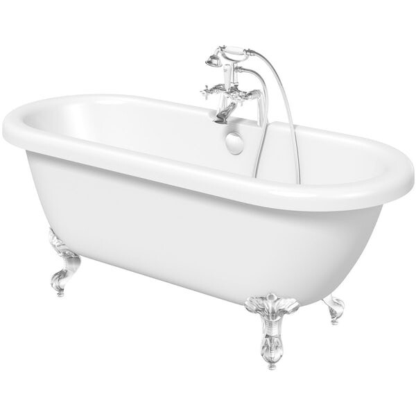 Freestanding roll top bath with ball and claw feet 1500 x 720 in