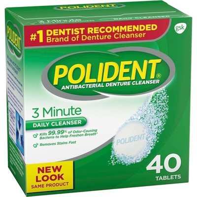 Polident Antibacterial Denture Cleanser 3 Minute Fast Stain Remover 40ct 02/2026