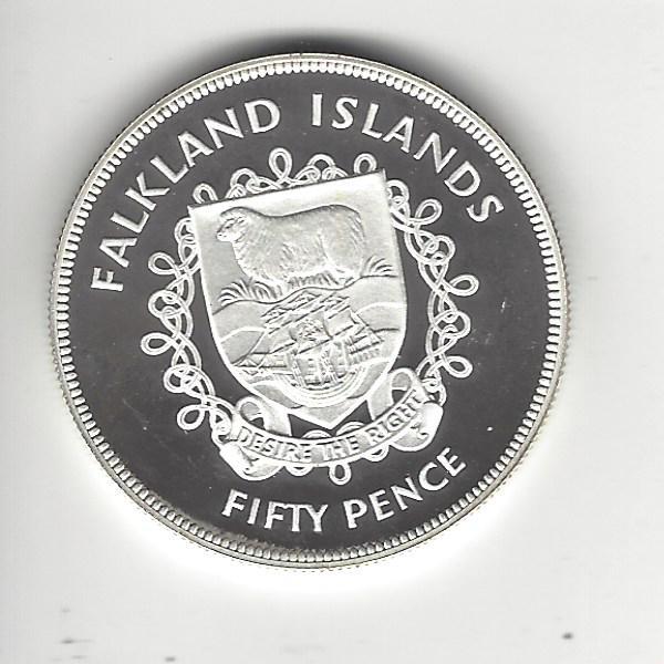 Falkland Islands Silver 50 Pence N.D. (1977) Proof, Only 22,000 Minted