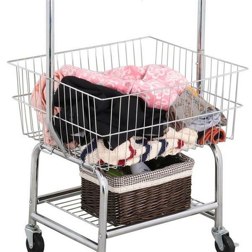 Heavy duty Garment Organizer Laundry Cart With Storage Basket Double Pole Rack