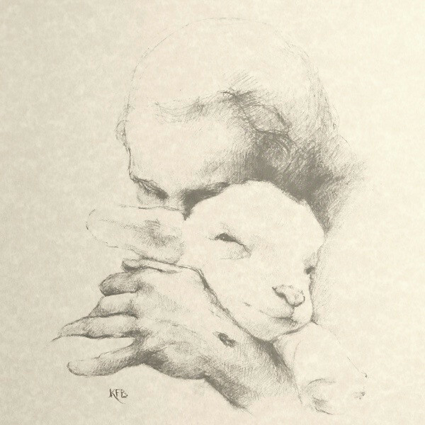 Jesus and the Lamb Print 11 x 14 Charcoal Sketch on Parchment
