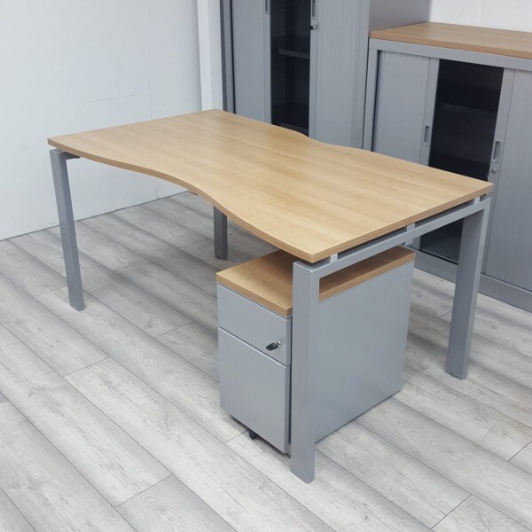 Modern Double Wave Desk & Pedestal, Portofino Cherry Top, W1400mm in