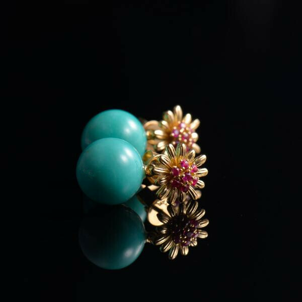 Pre-owned Ruby Natural Red  Blue Turquoise Diamond Dangle Earrings Solid 14k Yellow Gold