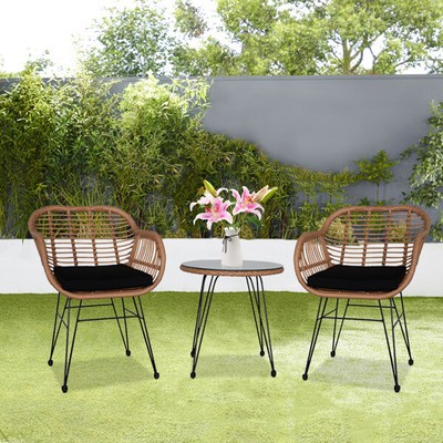 3Pcs Wicker Rattan Patio Conversation Set with Tempered Glass Table