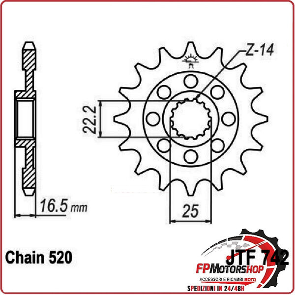 PIGNONE TRASMISSIONE PER MOTO JT 742 Z14 JTF742.14 14 DENTI ACCIAIO PASSO 520