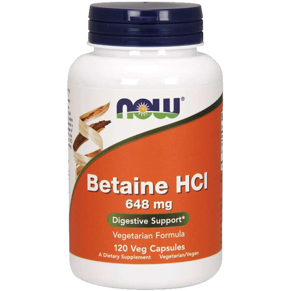 NOW Foods BETAINE HCL 648mg Pepsin 120 Cap Hydrochloride HCI Пищеварительный фермент
