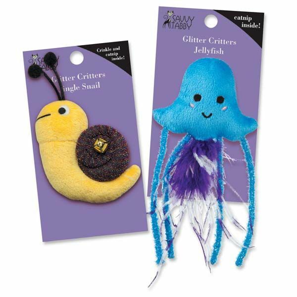 Savvy Tabby Glitter Critters w/ Catnip Cat Kitten Toy Set of 2: Jellyfish/Snail