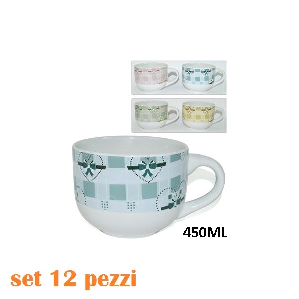 Set 12 Pezzi Tazza Porcellana Bianche Decorate Latte Colazione 450ml Jumbo dfh